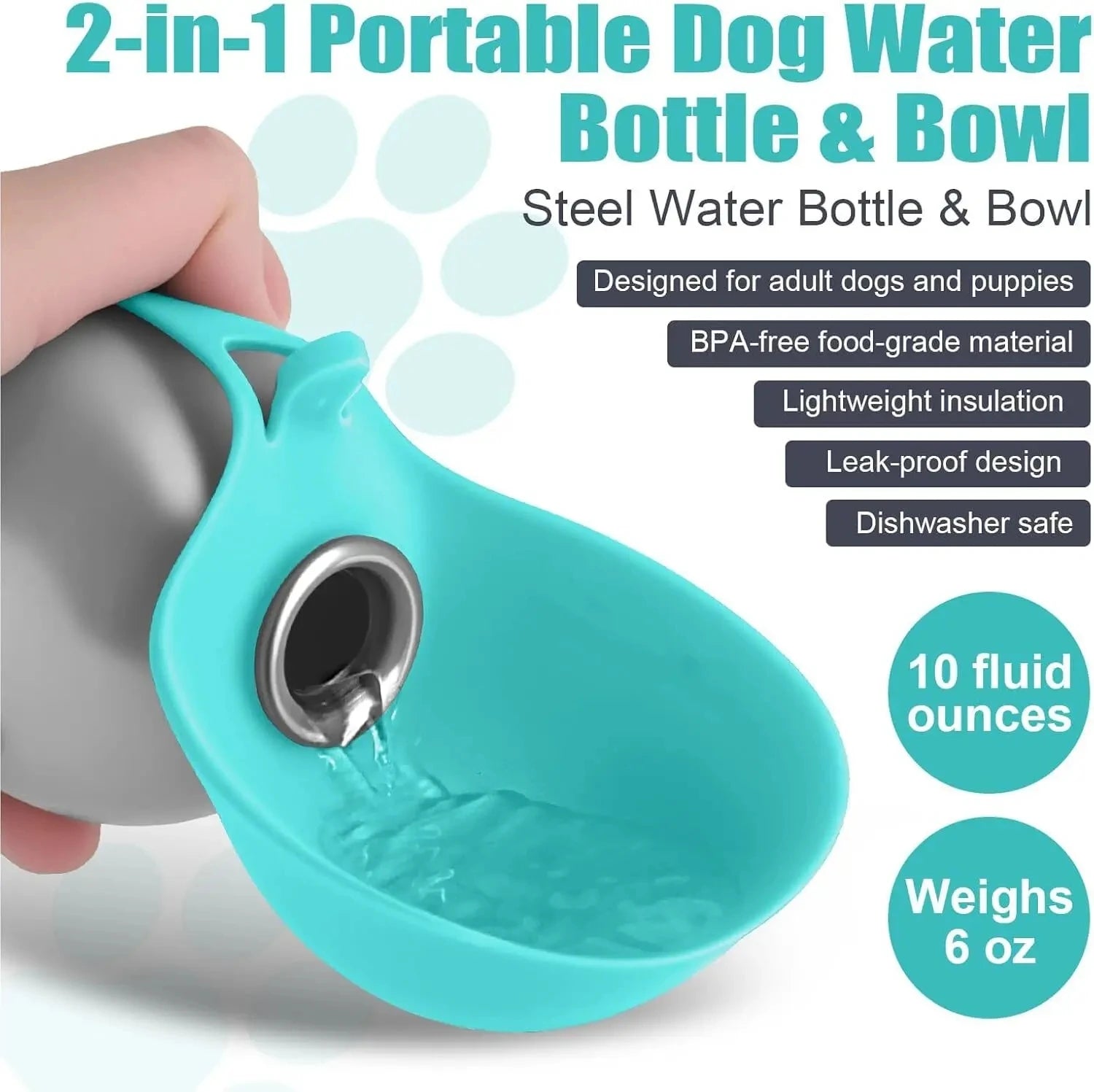 Dogs Drinking Bottle with Silicone Bowl, 285ml Stainless Steel Leak-Proof Dog Drinking Bottle for Cats and Dogs, Walks and Hikes