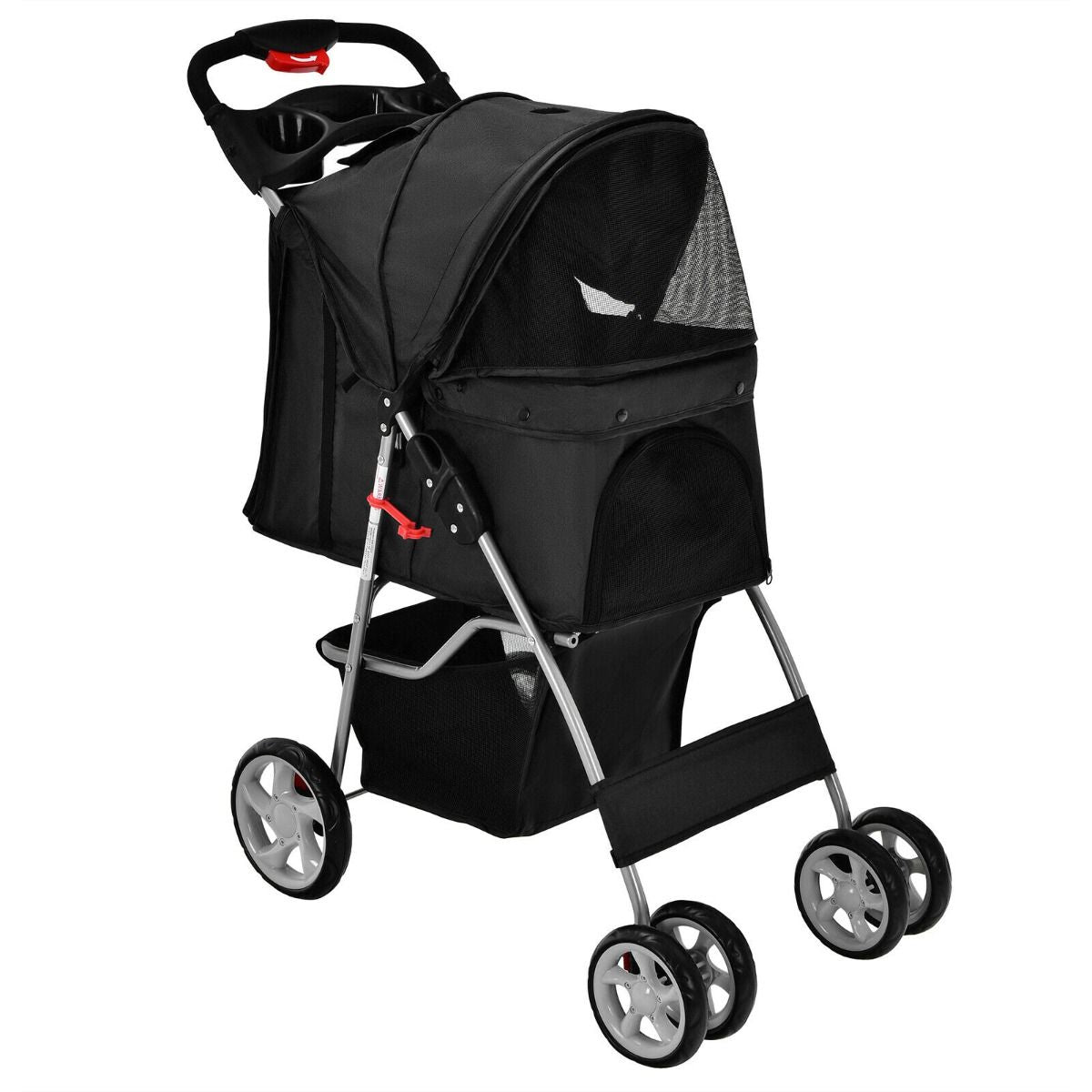 Deluxe 4-Wheel Folding Pet Stroller with Storage Basket & Adjustable Canopy for Ultimate Comfort