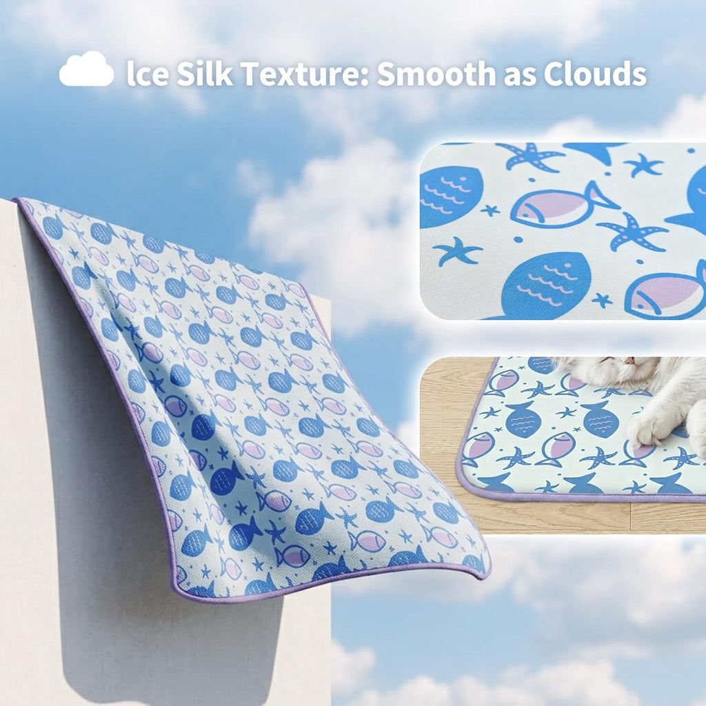 Premium Purple Fish Pet Cooling Mat - Q-Max > 0.345 Ice Silk for Cats & Dogs | Lightweight, Washable, and Perfect for Summer Comfort