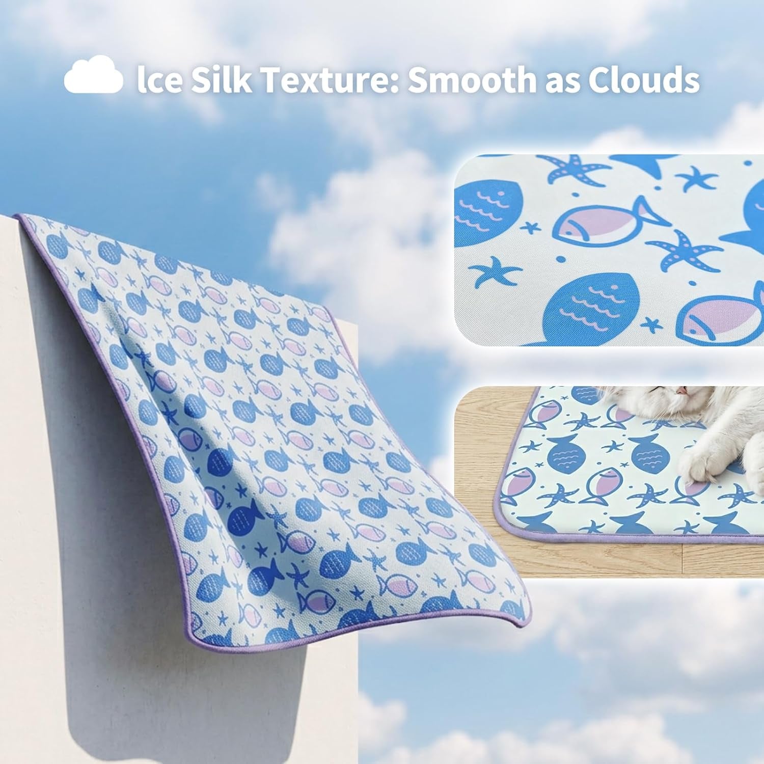 Premium Purple Fish Pet Cooling Mat - Q-Max > 0.345 Ice Silk for Cats & Dogs | Lightweight, Washable, and Perfect for Summer Comfort