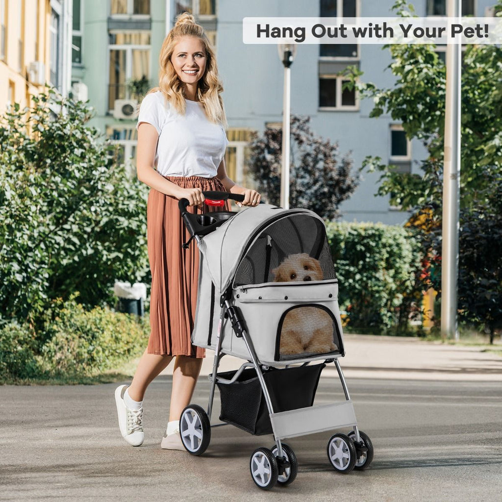 Deluxe 4-Wheel Folding Pet Stroller with Storage Basket & Adjustable Canopy for Ultimate Comfort