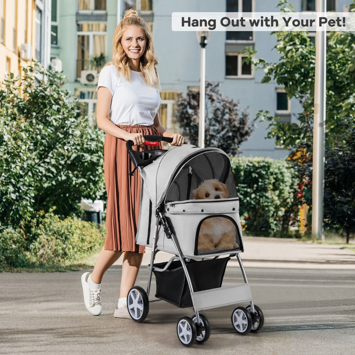 Deluxe 4-Wheel Folding Pet Stroller with Storage Basket & Adjustable Canopy for Ultimate Comfort