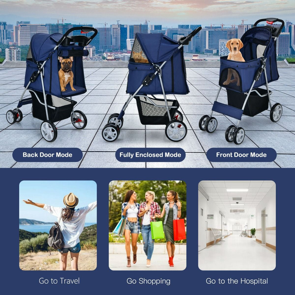 Deluxe 4-Wheel Folding Pet Stroller with Storage Basket & Adjustable Canopy for Ultimate Comfort
