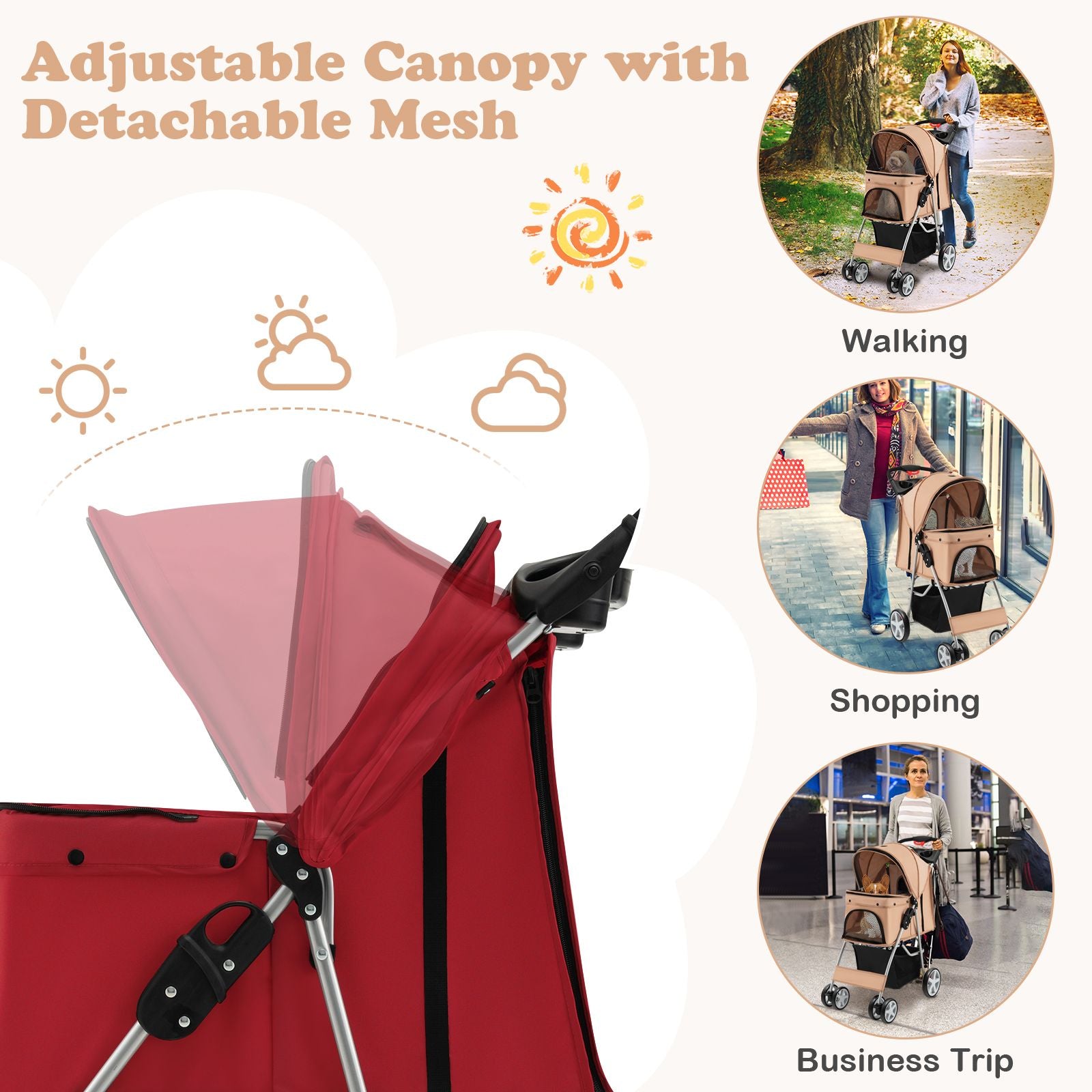 Deluxe 4-Wheel Folding Pet Stroller with Storage Basket & Adjustable Canopy for Ultimate Comfort