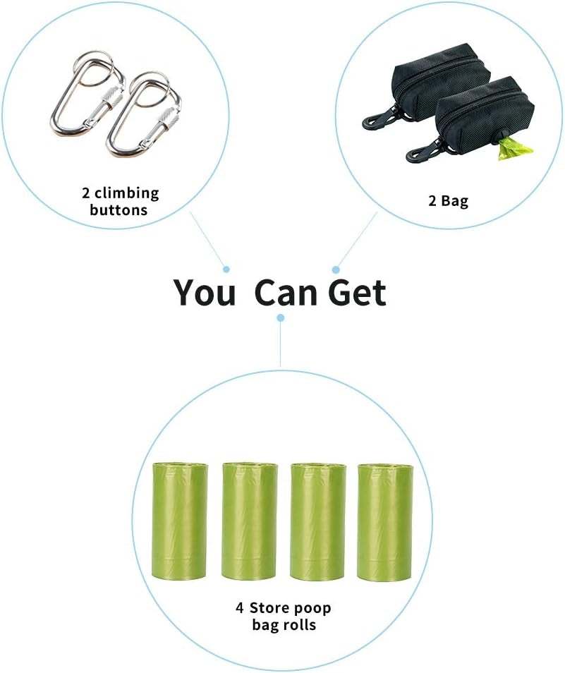 Dog Poop Bag Dispenser - 2 Pack Leash Attachment with Free Waste Bags & D-Ring, Lightweight & Soft for Walking, Running, Hiking (Black)