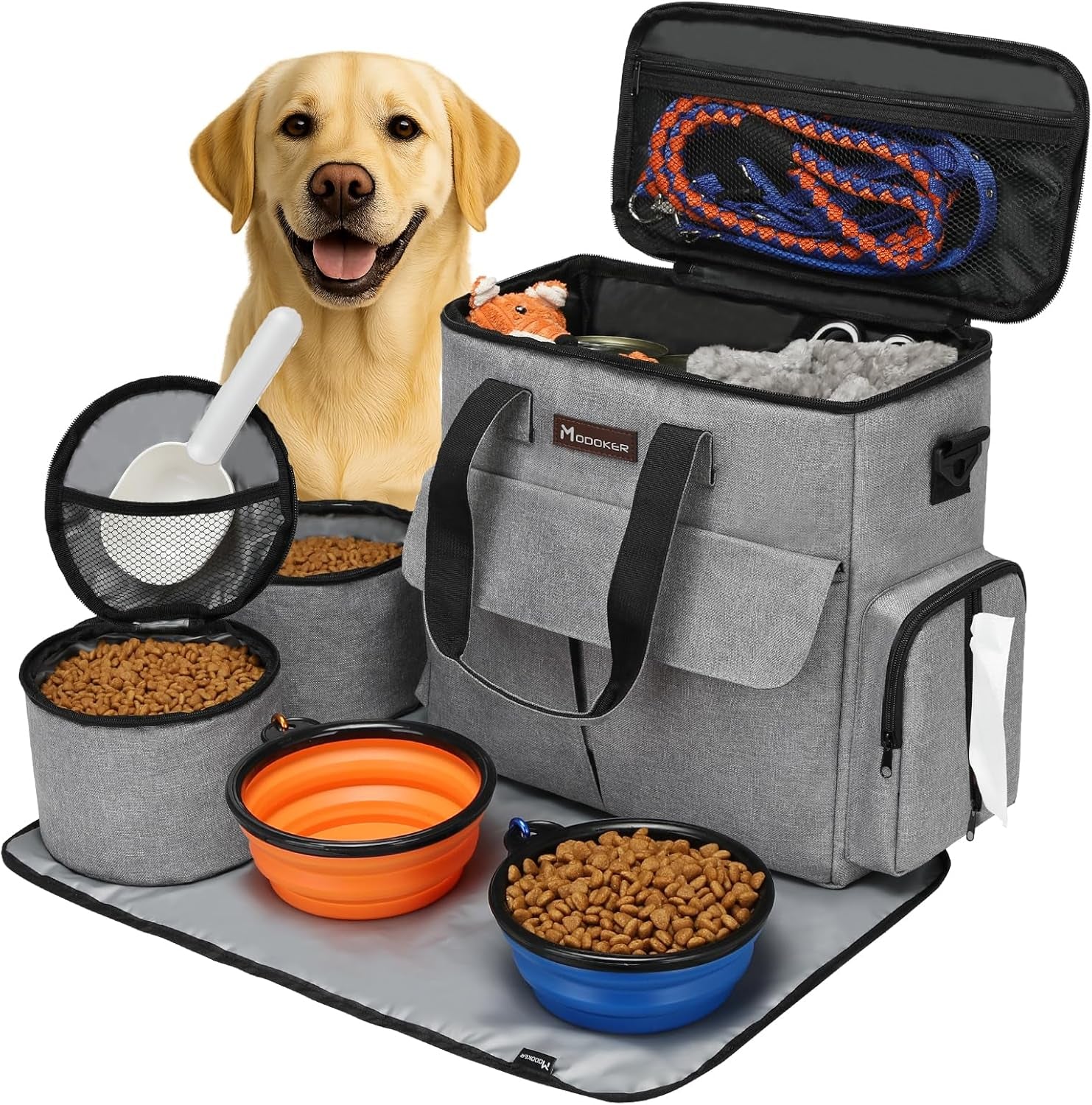 Ultimate Dog Travel Bag - Airline Approved Pet Tote with Multi-Function Pockets, Food Containers, Collapsible Bowls & Feeding Mat (Grey)