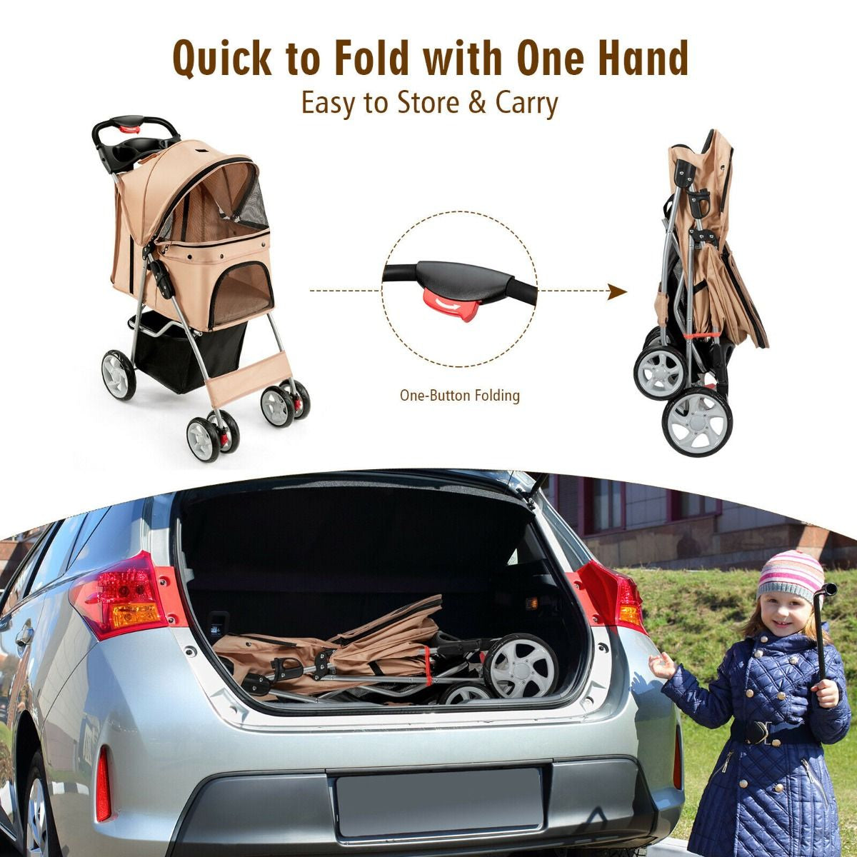 Deluxe 4-Wheel Folding Pet Stroller with Storage Basket & Adjustable Canopy for Ultimate Comfort