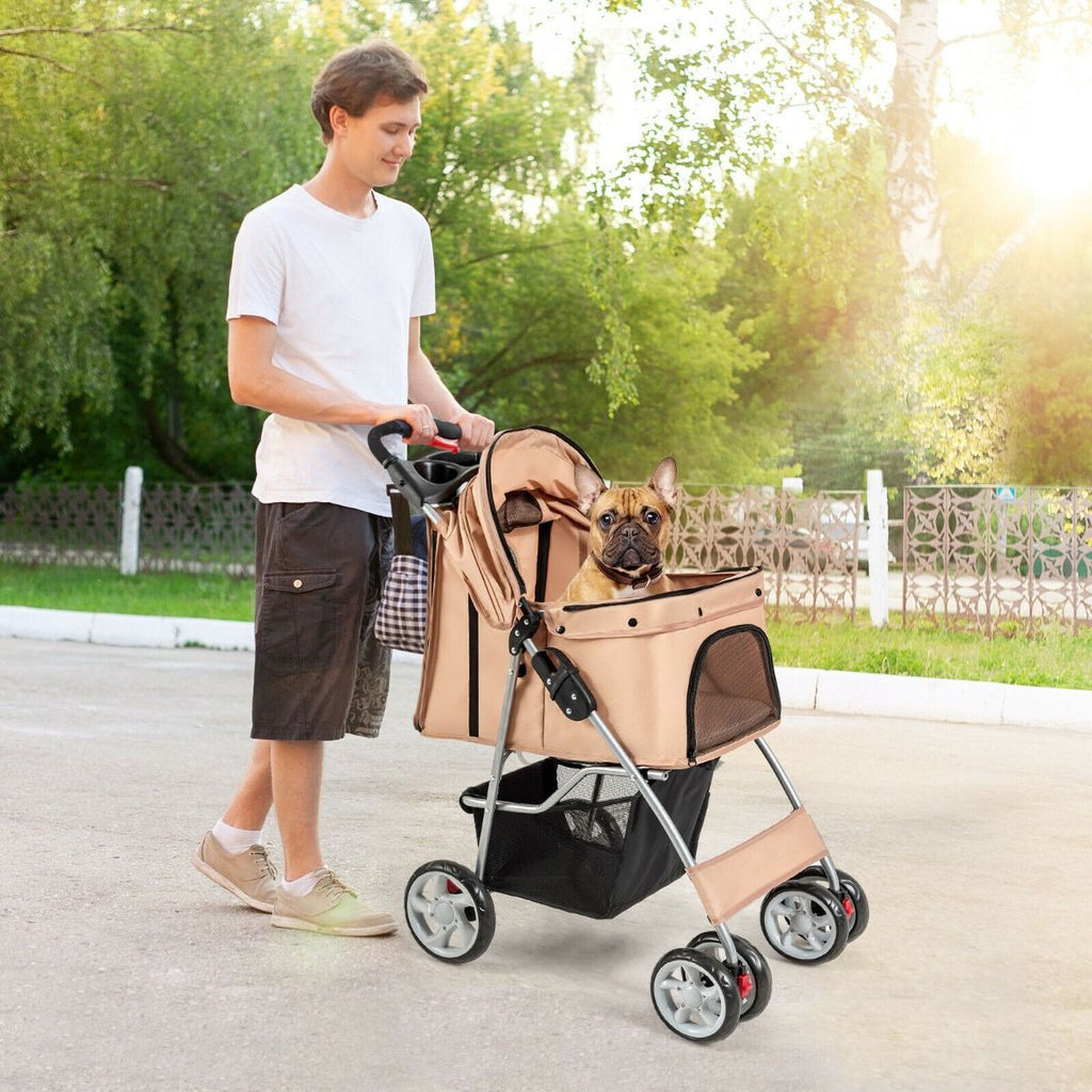 Deluxe 4-Wheel Folding Pet Stroller with Storage Basket & Adjustable Canopy for Ultimate Comfort