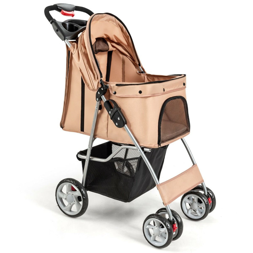 Deluxe 4-Wheel Folding Pet Stroller with Storage Basket & Adjustable Canopy for Ultimate Comfort