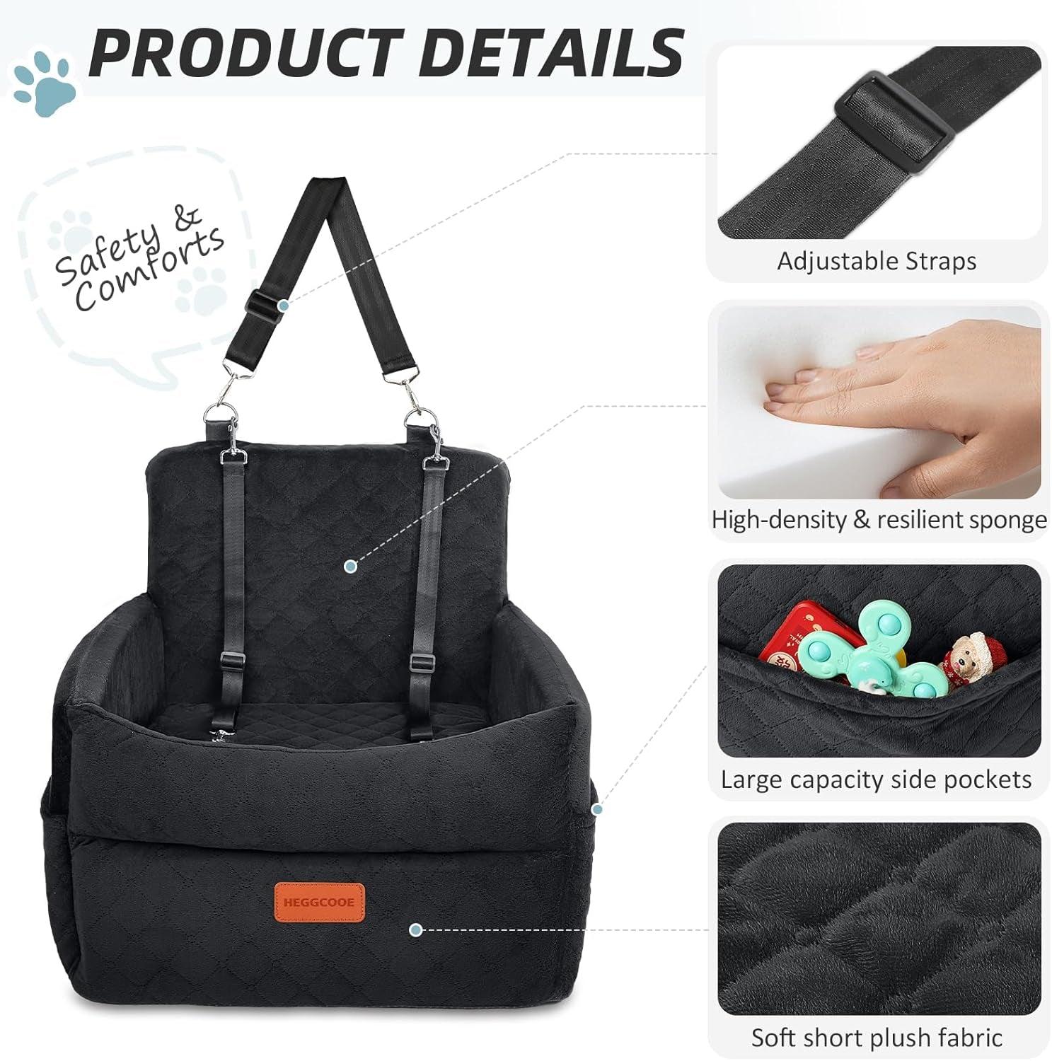 Small Dog Car Seat, Memory Foam Dog Booster Seats with Thick Cushion for Medium Dogs under 35Lbs, Detachable Washable Pet Car Seat with Storage Pockets,2 Safety Belts
