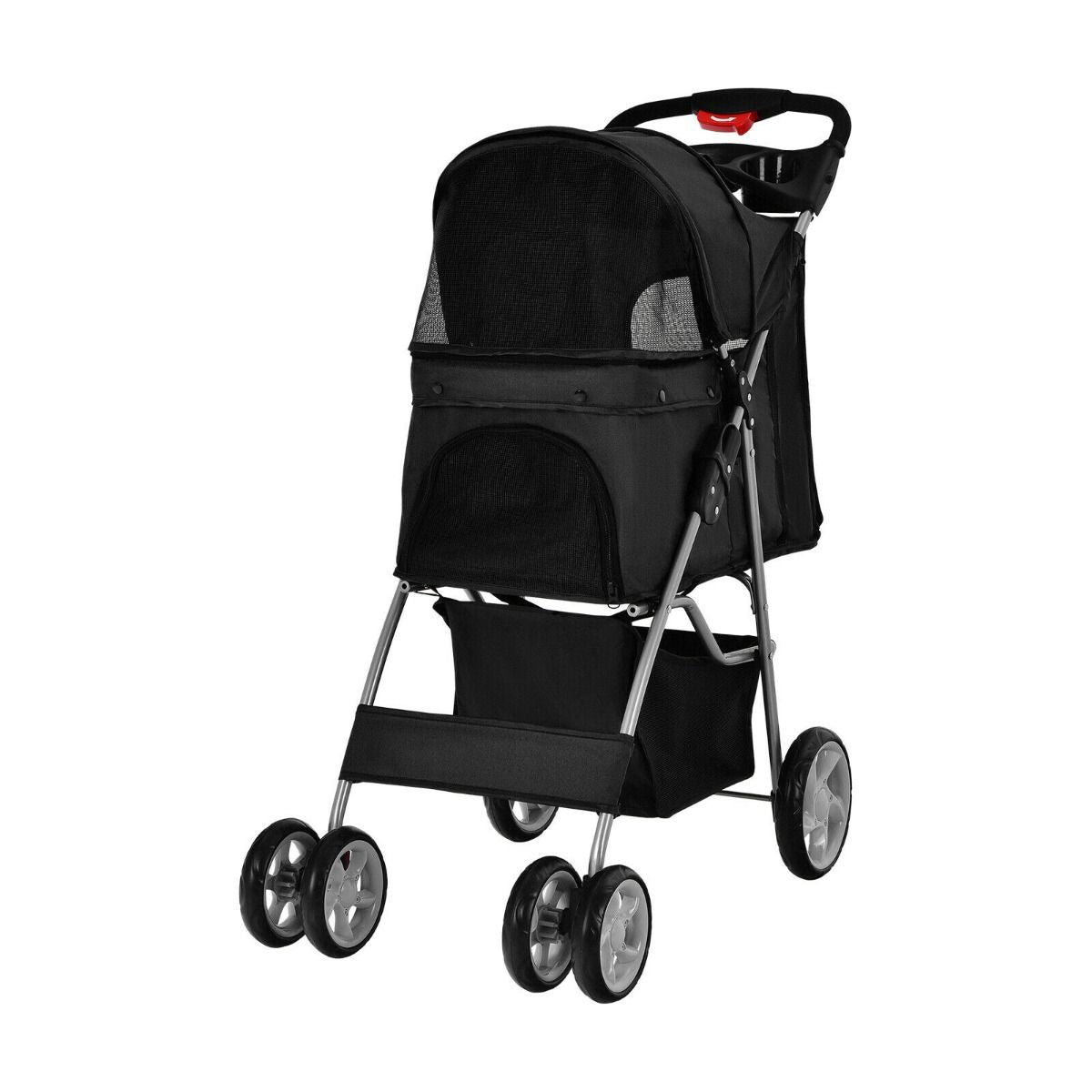 Deluxe 4-Wheel Folding Pet Stroller with Storage Basket & Adjustable Canopy for Ultimate Comfort
