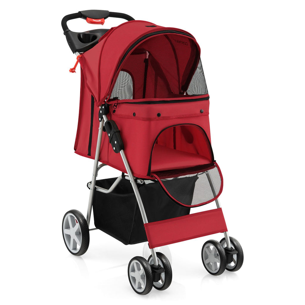 Deluxe 4-Wheel Folding Pet Stroller with Storage Basket & Adjustable Canopy for Ultimate Comfort