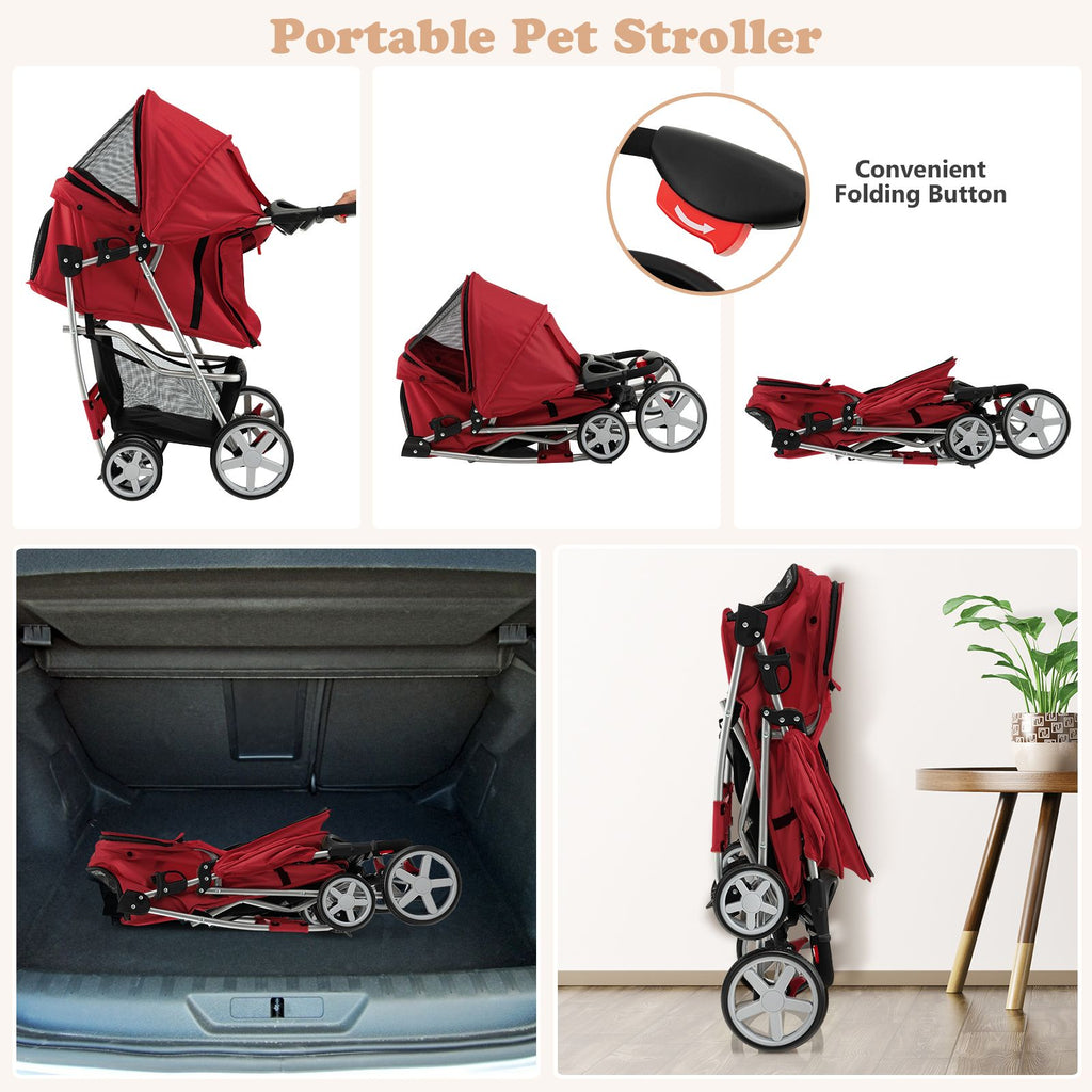 Deluxe 4-Wheel Folding Pet Stroller with Storage Basket & Adjustable Canopy for Ultimate Comfort