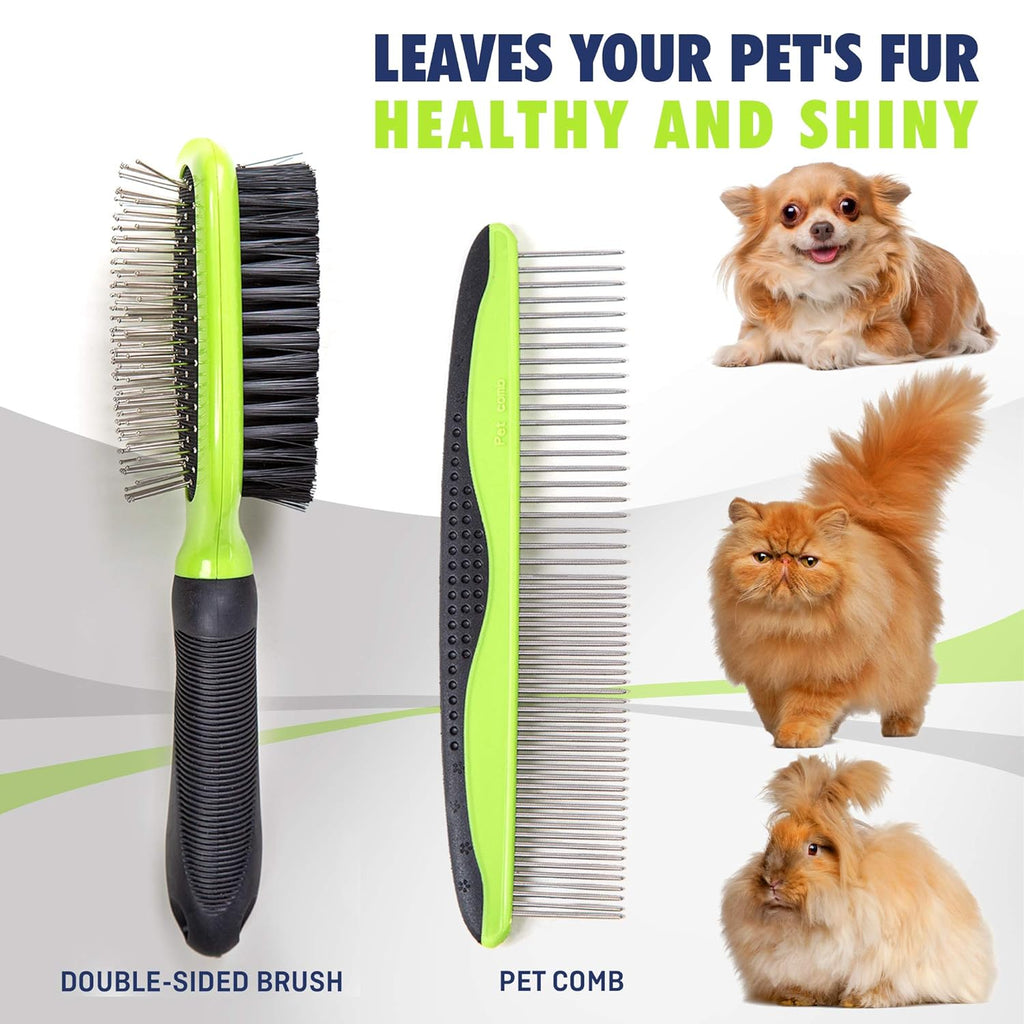 Ultimate Pet Grooming Set for Dogs & Cats - Double-Sided Brush & Comb - Effective Deshedding, Lice & Flea Removal - Comfortable Grip & Soft Bristles