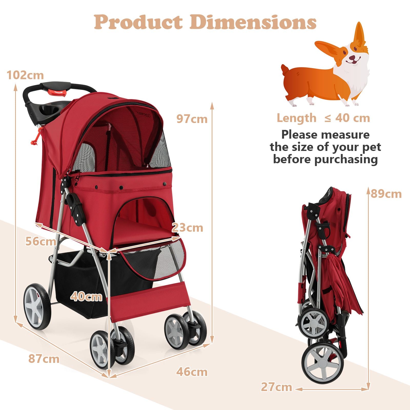 Deluxe 4-Wheel Folding Pet Stroller with Storage Basket & Adjustable Canopy for Ultimate Comfort