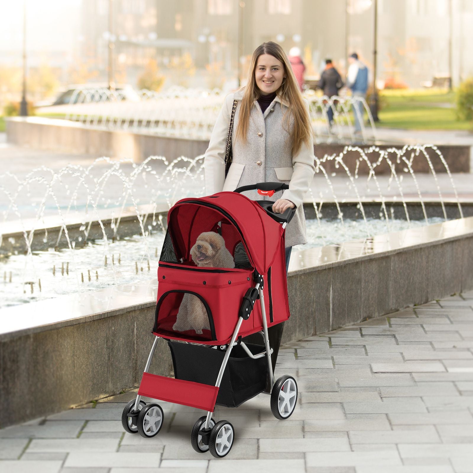 Deluxe 4-Wheel Folding Pet Stroller with Storage Basket & Adjustable Canopy for Ultimate Comfort