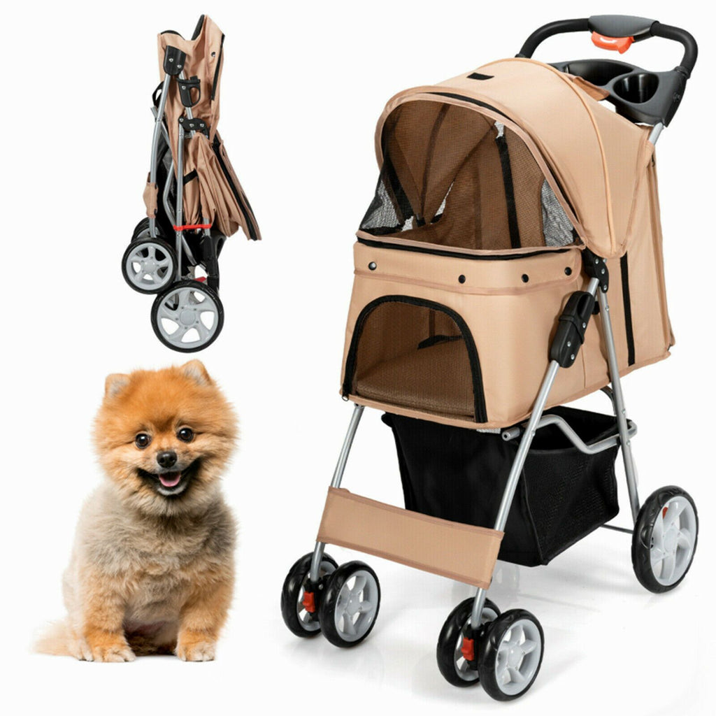 Deluxe 4-Wheel Folding Pet Stroller with Storage Basket & Adjustable Canopy for Ultimate Comfort