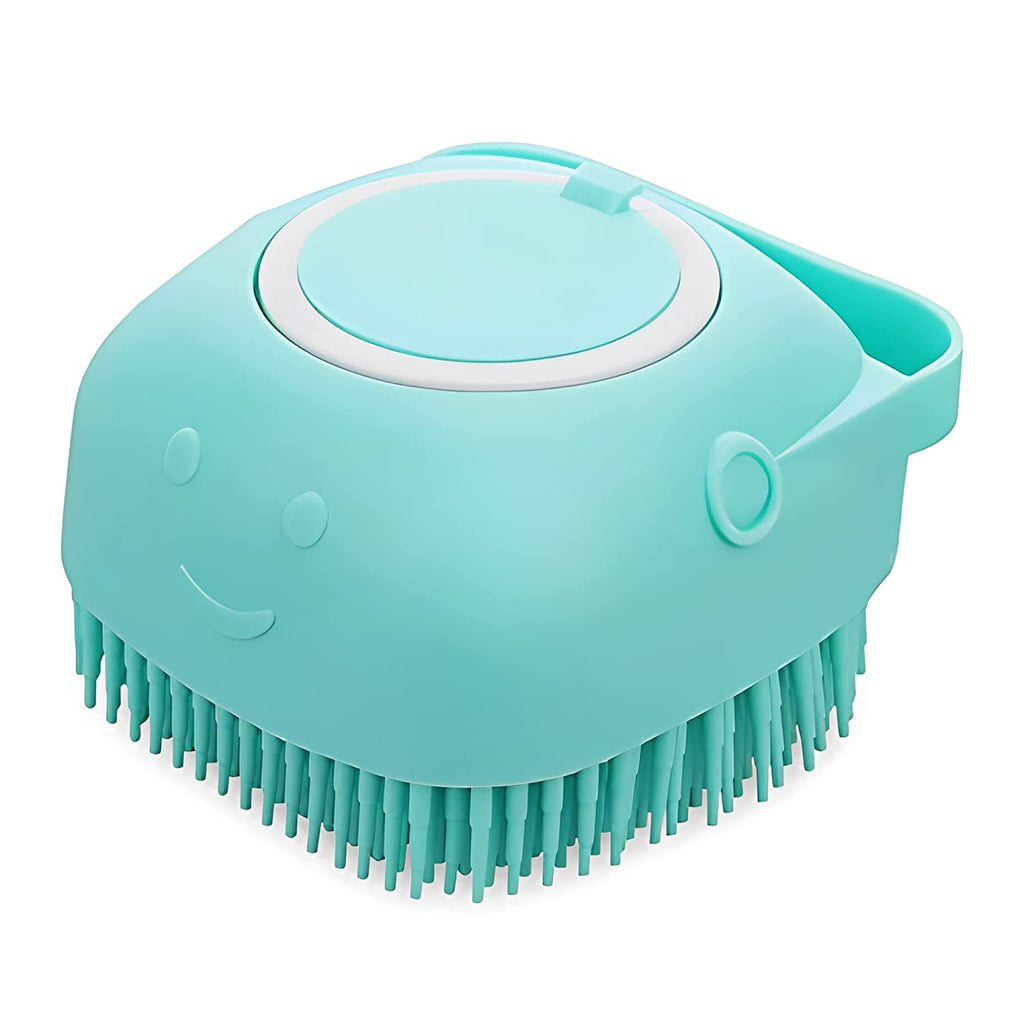 Silicone Rubber Dog & Cat Bath Brush - Soft Grooming Comb with Shampoo Dispenser (Blue)