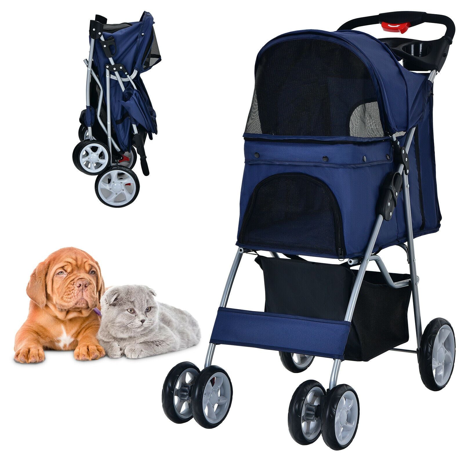 Deluxe 4-Wheel Folding Pet Stroller with Storage Basket & Adjustable Canopy for Ultimate Comfort
