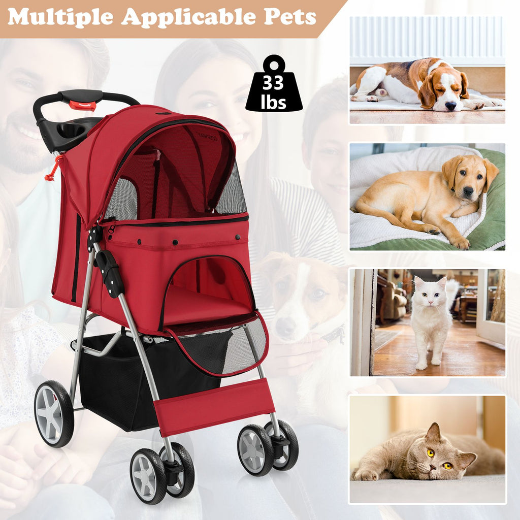 Deluxe 4-Wheel Folding Pet Stroller with Storage Basket & Adjustable Canopy for Ultimate Comfort