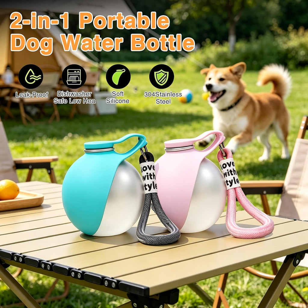 Portable 2-in-1 Stainless Steel Dog Water Bottle with Foldable Silicone Bowl - Perfect for Walks and Hikes (285ml, Blue)