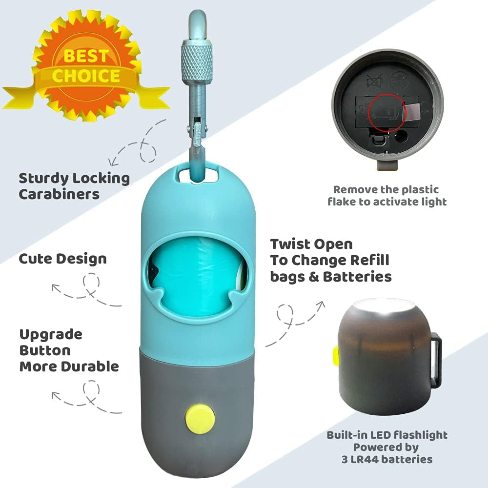Crystal Blue LED Dog Poop Bag Dispenser with Metal Clip - Light Up Your Walks!