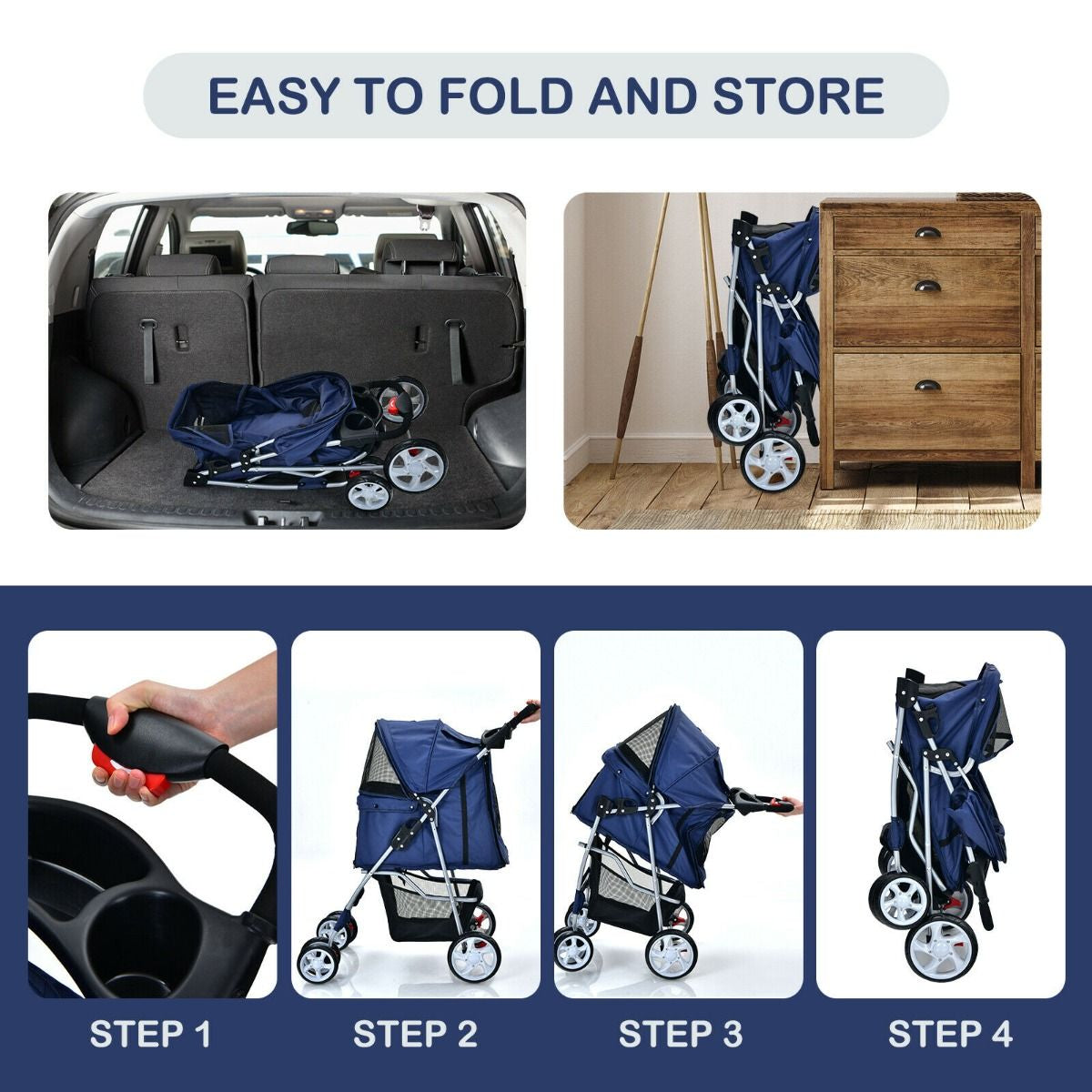 Deluxe 4-Wheel Folding Pet Stroller with Storage Basket & Adjustable Canopy for Ultimate Comfort